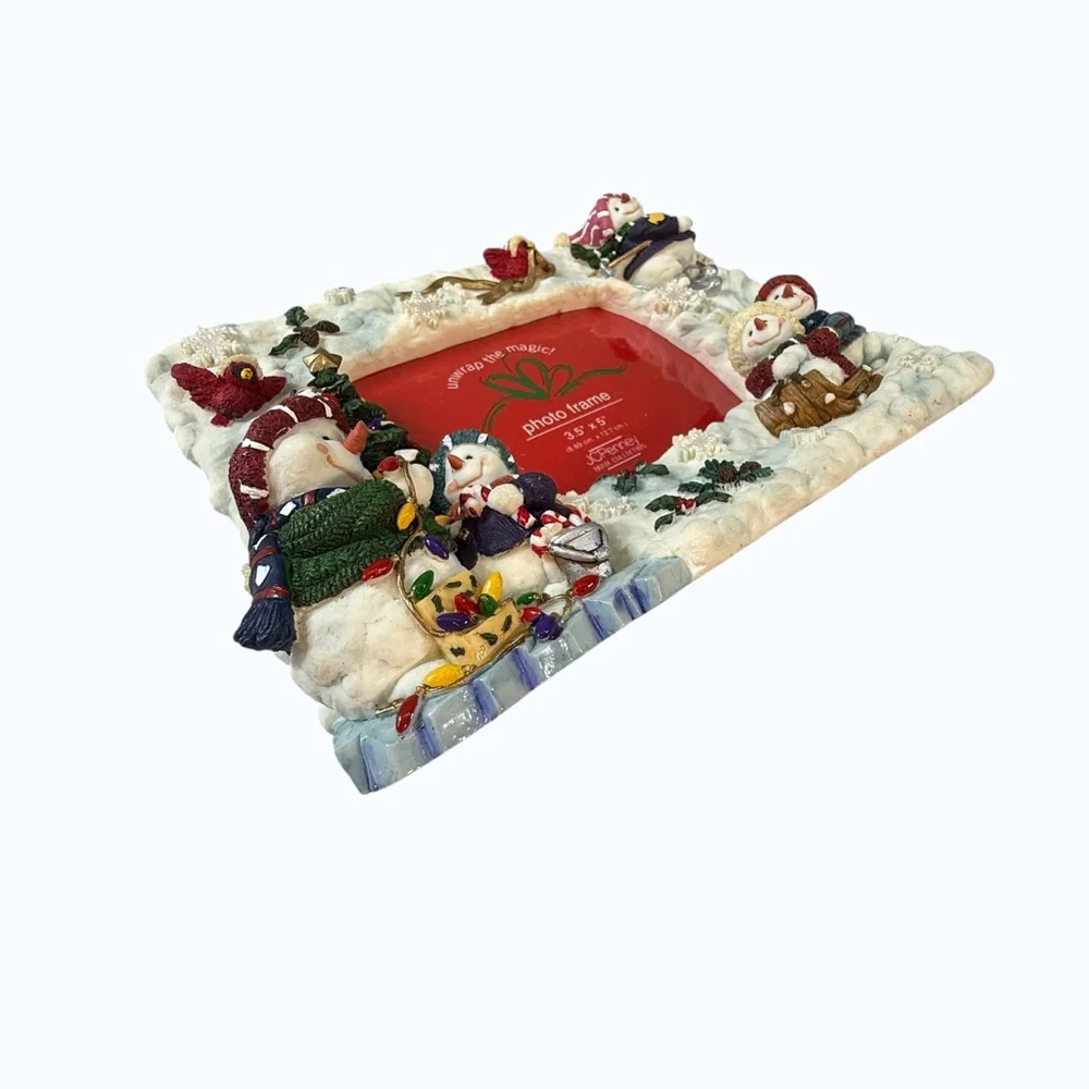 JCPenney Christmas Snowman Picture Frame 3.5 5” White Red